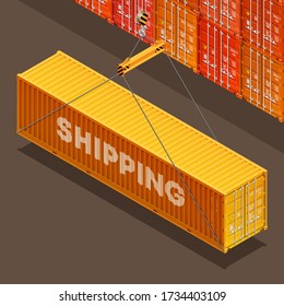 3D Isometric shipping cargo 40 ft container with closed doors. Large metal 40 foot containers for transportation. Delivery of cargo shipping. Vector illustration