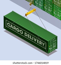 3D Isometric shipping cargo 40 ft container with closed doors. Large metal 40 foot containers for transportation. Delivery of cargo shipping. Vector illustration