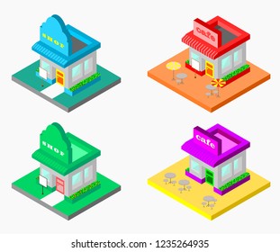 3d isometric shop and cafe