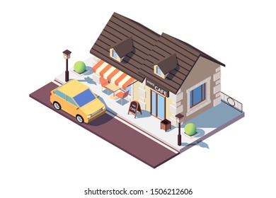 3d isometric small cafe with parked car. Concept isolated modern buildings with menu and table on street. Low poly. Vector illustration.