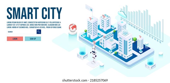 3d concepto isométrico Smart City con servicios inteligentes, internet de cosas, red, parque público, construcción de un concepto de realidad aumentada. Ilustración vectorial eps10