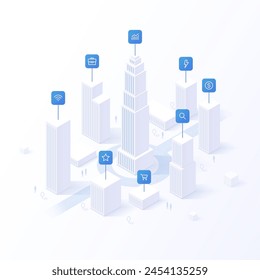 3d isometric smart city for concept design. Energy power technology iot. Global network connection. Smart industry concept with building, city. Landscape background. Vector illustration design.