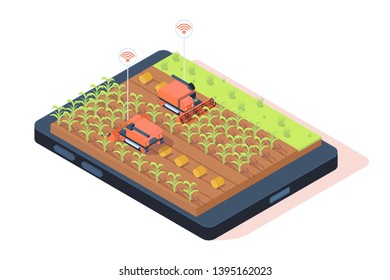 3d isometric smart farming with remote control. Concept cellphone with agriculture management, modern device technology. Low poly. Vector illustration.