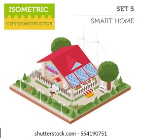 3d isometric smart home and city map constructor elements such as building, ,  garden, renewable energy isolated on white. Build your own infographic collection. Vector illustration