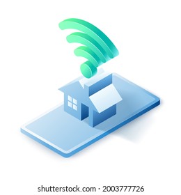 3D Isometric smart house icon with wireless symbol. Smart home building technology concept. vector art illustration.