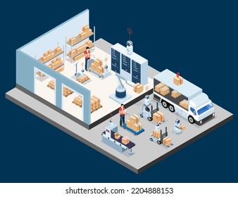 3D isometric Smart logistics concept with Warehouse Logistic, Workers loading products, transportation truck use wireless technoloty. Eps10 vector illustration