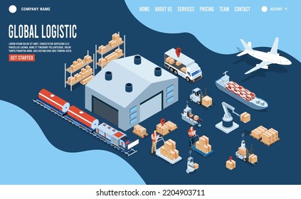 3D isometric Smart logistics concept with Warehouse Logistic, Workers loading products, transportation truck use wireless technoloty. Eps10 vector illustration