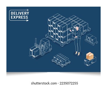 3D isometric Smart logistics concept with worker scanning barcode on box, Warehouse Logistics and Management, Logistics solutions complete supply chain, transportation truck. Vector illustration eps10