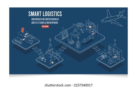 3D isometrisches Logistikkonzept mit Lager Logistik und Management, Logistiklösungen kompletter Lieferkette, Transporter nutzen drahtlose Technologie. Eps10 Vektorgrafik