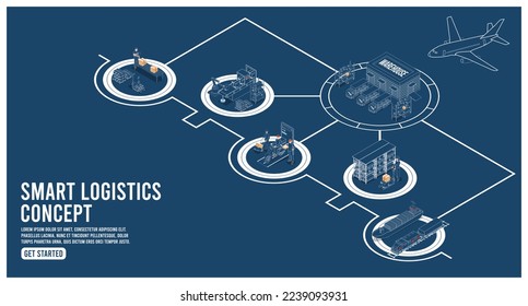 3D isometric Smart logistics concept with Warehouse Logistics and Management, Logistics solutions complete supply chain, transportation truck use wireless technology. Eps10 vector illustration