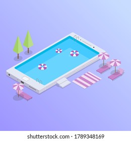 3D Isometric Smart Pool, Smart Phone and Swimming Pool