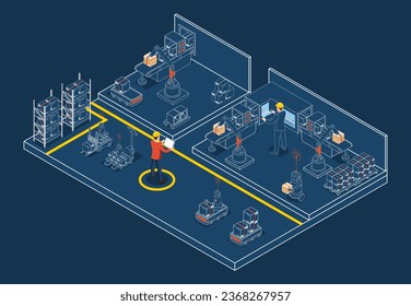 3D Isometric Smart Warehouse Management System with Warehouse simulation, Logistics flexibility, Robotic process automation and Accurate inventory counts. Vector illustration eps10