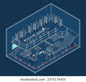 3D Isometric Smart Warehouse Management System with Warehouse simulation, Logistics flexibility, Robotic process automation and Accurate inventory counts. Vector illustration eps10