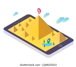 3d isometric smartphone with desert sandy landscape, oasis, cloud, trees and pyramid. Design concept for mobile gps or tracking navigation application. Vector infographic template.