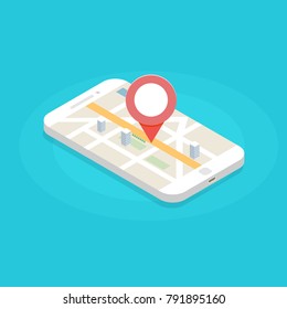   3d Teléfono inteligente isométrico con aplicación móvil GPS. Ilustración vectorial.