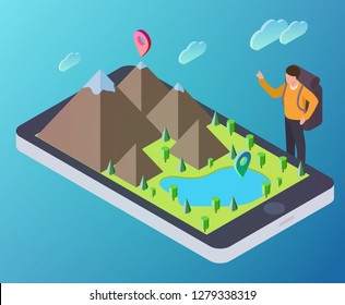 3d isometric smartphone with green landscape, mountains, cloud, trees, lake and tourist. Design concept for mobile gps or tracking navigation application. Vector infographic template.