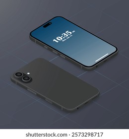 3d isometric smartphone mockup. Cellphone frame with blue gradient color screen isolated templates. 3d realistic mobile phone device on a dark background.
