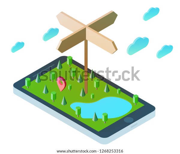 3d\
isometric smartphone with nature green landscape, lake, cloud,\
trees and wood pointer. Design concept for mobile gps or tracking\
navigation application. Vector infographic\
template.