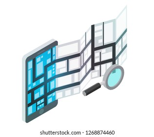 3d isometric smartphone with paper map and magnifying glass. Design concept for mobile gps or tracking navigation application. Vector infographic template.