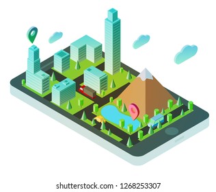 3d isometric smartphone with smart city map. Design concept for mobile gps or tracking navigation application. Vector infographic template.