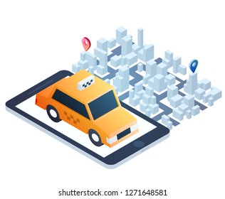 3d isometric smartphone with smart city map and yellow taxi. Design concept for mobile gps or tracking navigation application. Vector infographic template.