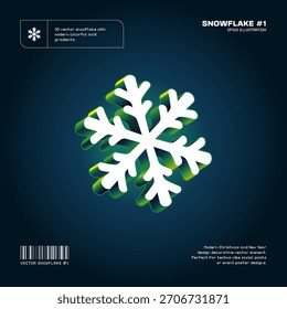 Floco de neve isométrico 3D com cores de gradiente de neon modernas. Linhas em negrito, inclinação dinâmica. Elemento decorativo estilo moderno para design de férias de inverno. Gráficos EPS10 vetoriais editáveis.