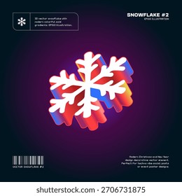 Floco de neve isométrico 3D com cores de gradiente de neon modernas. Linhas em negrito, inclinação dinâmica. Elemento decorativo estilo moderno para design de férias de inverno. Gráficos EPS10 vetoriais editáveis.