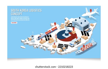 3D isometric South Korea Logistics concept with Global Logistics, Warehouse Logistics, Sea Freight Logistics, Export, Import, Cargo, Air, Road, Maritime delivery. Vector illustration eps10