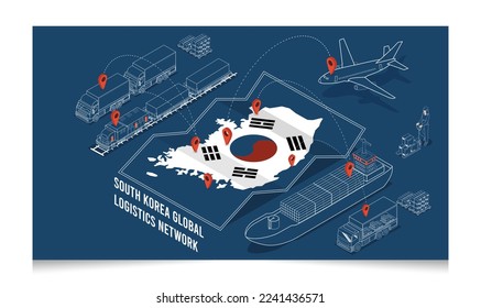 3D isometric South Korea Logistics Network concept with Global Logistics, Warehouse Logistics, Sea Freight Logistics, Export, Import, Cargo, Air, Road, Maritime delivery. Vector illustration eps10