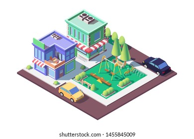 3d isometric square ground playground near shop and parking. Concept public area near building, house and car, municipal support. Low Poly. Vector illustration.