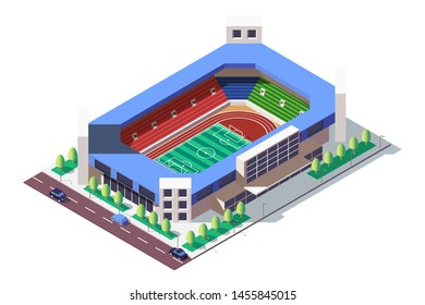 3d isometric square ground stadium near road with car. Concept public area for sport event, football near traffic. Low Poly. Vector illustration.