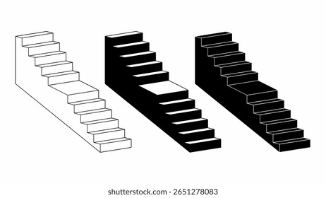 3D isometric stair icons set in outline, solid black, and inverse white style. Perfect for infographics, architecture, construction concepts, and modern UI, UX design needs.