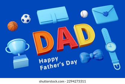 3D isometric style father's day element set. Letter DAD decor, sports balls, trophy, notebook, envelope sealed with love, watch and bow tie isolated on blue background