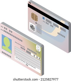 3D isometric style illustration of the face and back of the My Number card, which can be used as an ID card with a personal number