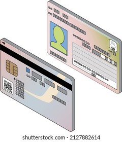 3D isometric style illustration of the face and back of the My Number card, which can be used as an ID card with a personal number on it, with main lines.