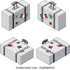 3D Isometric Style Monotone Travel Trunk Illustration Set. Travel And Tourism Concept
