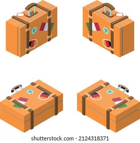 3D Isometric Style Travel Trunk Illustration Set. Travel And Tourism Concept.