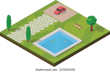 3d Isometric Swimming pool With Car parking, Trees, Flowers vector illustration.