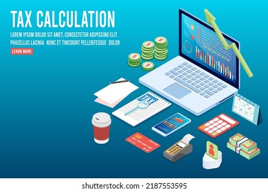 3D isometric Tax calcultion concept with State Government taxation, calculation of tax return, Financial Tax Report. Vector illustration eps10