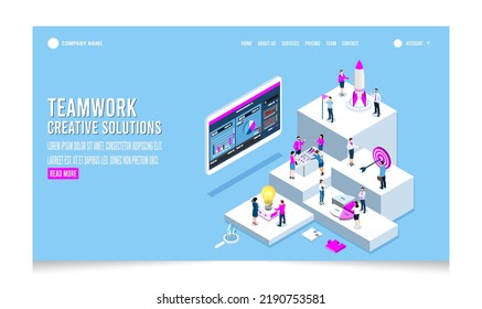 3D isometric Teamwork Creative solutions concept with people working or study for Business startup, Data Analysis, Business Statistic, Management. Vector illustration eps10