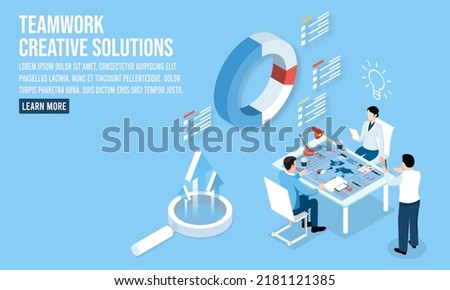 3D isometric Teamwork Creative solutions concept with people working or study on laptops for business startup, freelancers, shared workplace. Vector illustration eps10