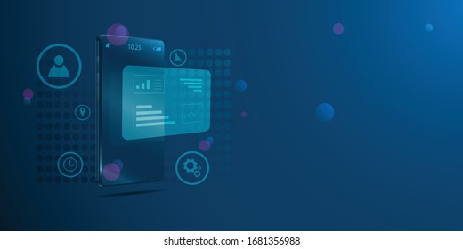 3d isometric technology smart phone and icon connection.New mobile communication technology.IOT Internet of things and connection concept.Isometric vector illustration.