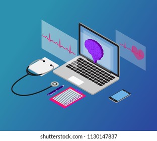 3D Isometric telemedicine flat illustration concept, isolated on light gradient background. Online isometric artificial intelligence, human brain, medicine concept, illustration of medical service.
