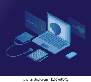 3D Isometric telemedicine flat illustration concept, isolated on light gradient background. Online isometric artificial intelligence, human brain, medicine concept, illustration of medical service.