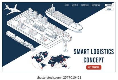 3D isometric template showcasing smart logistics solutions that integrate delivery robots, warehouse management systems, and transportation to optimize the entire supply chain process.