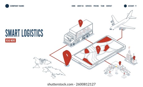 3D isometric template showcasing smart logistics solutions that integrate delivery robots, warehouse management systems, and transportation to optimize the entire supply chain process.