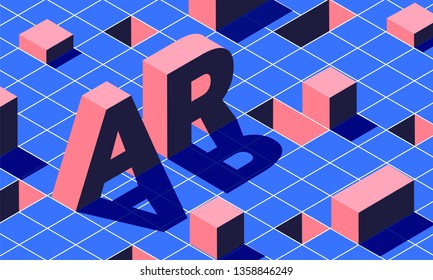 3D isometric text of A R alphabet in orange color with abstract element on grid background.