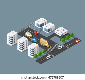 3d isometric three-dimensional urban transport street with houses, skyscrapers. Top view of the city district