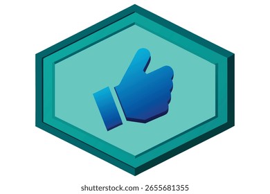 Icono de pulgares isométricos 3D dentro de una insignia hexagonal translúcida