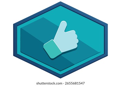Icono de pulgares isométricos 3D dentro de una insignia hexagonal translúcida
